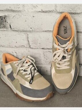 Zara Chunky Runner Sneakers Beige Olive Gray Men Size 10 EU 43